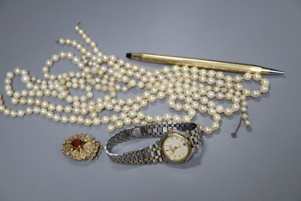 Assorted cultured pearl necklace sections, a 9ct gold and gem set clasp, gross 10.9 grams, a pen and a wrist watch.